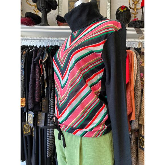 vintage 1970s chevron striped turtleneck 70s mod black and pink shirt deadstock - Picture 6 of 8